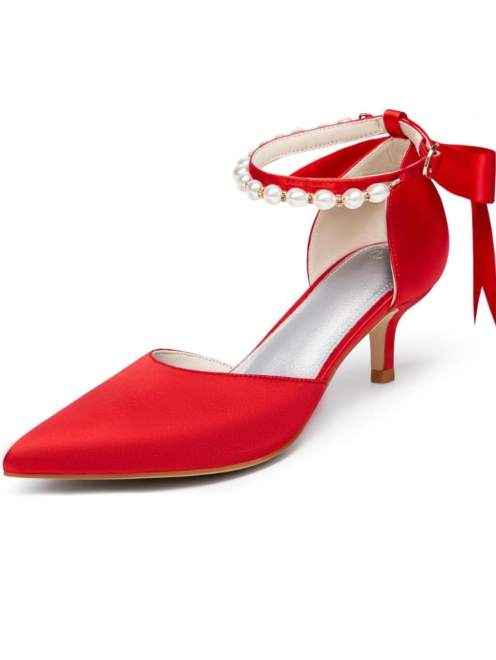 Coutgo Red Pearl Ankle Strap D'Orsay Satin Bow Low Kitten Heel Size 6 NWT